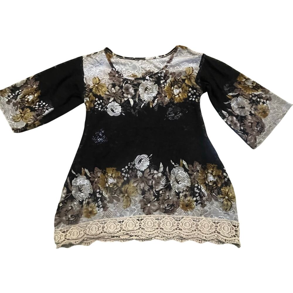 Black Floral Lace Bell Sleeve Blouse Womens Xs/S Sheer Boho Cottagecore Top